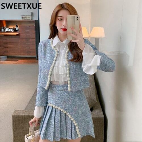 SWEETXUE 2021 Women Autumn Winter 3 Piece Sets Lady Fashion Elegant Coat Pleated Skirt +Chiffon Blouse Beaded Tweed Sets