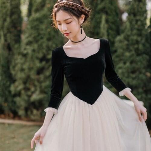 Autumn Retro French Elegant Dress Velvet Women Evening Party Black Dress Vintage Palace Princess Dress Female Square Collar