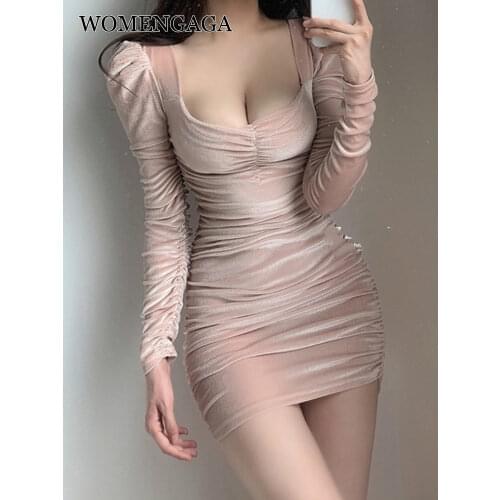 WOMENGAGA 2021 Sweet Lady Temperament Spring Low Square Collar Fold Pencil Buttock Sexy Long Sleeve Women Party Dress Pink U8T