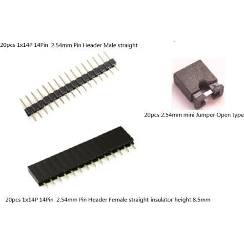 60pcs total 2.54mm pitch Pin Header 1x14 Single Row Straight Type Male Female with mini jumper 2.54 mm Open