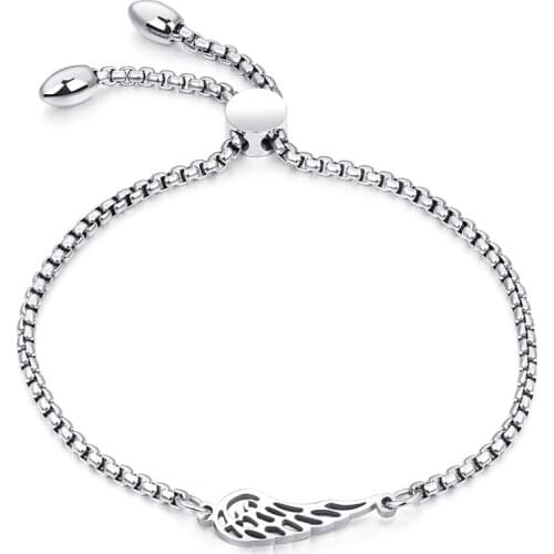 BOBOTUU Popular Titanium Steel Angel Wings Feather Bracelets Fashion Rose Gold Color Bracelet Length Adjustable Pulseira BB17073