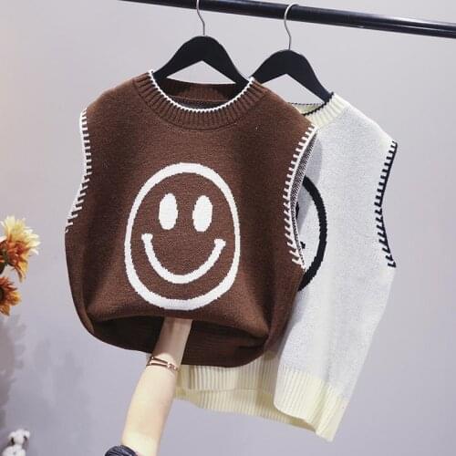 Floral Print Smiley Knitted Sleeveless Sweater Vest Spring Autumn O Neck Waistcoat Pullovers White High Fashion Vintage Tops