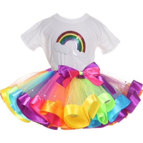 2019 Rainbow Kids Ruffle Tulle Tutu Skirt + T Shirt Baby Princess Party Birthday Set Summer Toddler Girl Dress Sets Pettiskirt