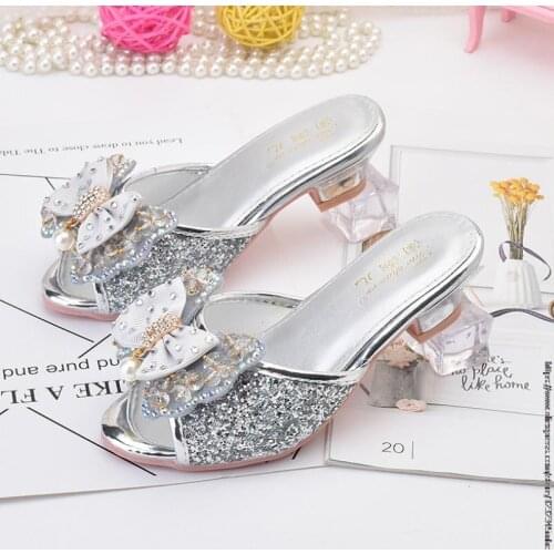 Frozen Princess Kids Leather Slippers for Girls Bow Shoes Glitter Children High Heel Girls Elsa Sandals Butterfly Knot