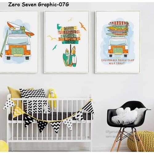 07G Cartoon Car Vacation Surf A4 A3 A2 Canvas Art Painting Print Poster Picture Wall Lounge Childrens Bedroom Home Decor Murals