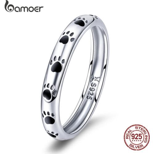 BAMOER 925 Sterling Silver Stackable Dog Cat Footprints Finger Rings for Women Wedding Ring Jewelry Valentines Day GIFT SCR445