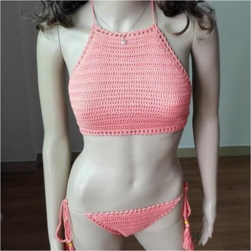 Handmade Crochet Bikini Set, Halter Swimsuit Top and String Bottoms, Multicolor Swimwear Beachwear