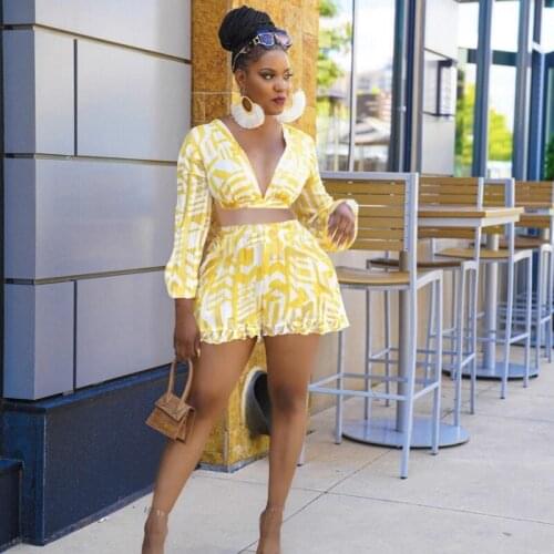 2 Pieces Set Sexy V-Neck Autumn Fashion Women Set 2021 Female Tops Floral Print Long Sleeve Shirt Elastic Waist Mini Shorts