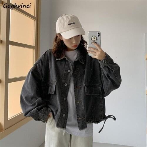 Basic Jackets Women Lacing Turn-down Collar Denim Coats Womens All Match Loose Leisure Vintage Outwear Karajuku BF Chic Button