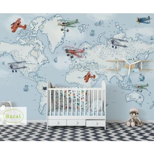 Bacal Custom wallpaper 3D cartoon world map airplane tv background wall living room children room background 3d wallpaper murals