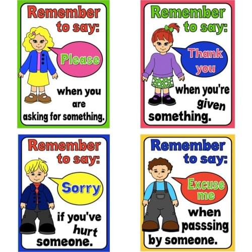 4Pcs/Set English Polite Language A4 Big Size Card Toys Montessori Classroom Wall Decoration Learning Card Early Education