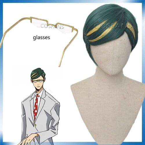 Boku no Hero Academia 4 Sir Nighteye Wig Short Green Mixed Yellow Hair Cosplay Side Part Halloween Synthetic Hair And glasses