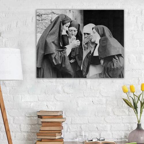 Smoking Nuns Poster Black White Rebellious Nuns Smokes Canvas Painting Wall Art Decor
