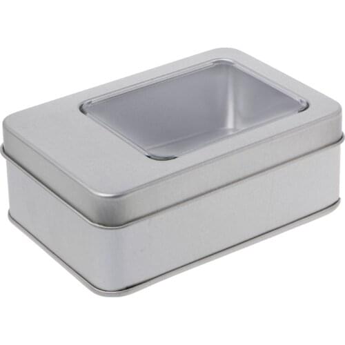 Rectangular Tin Silver Storage Box Case Organizer with Half Clear Window Lid