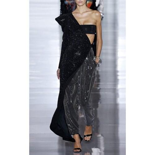 Luxury Celebrity Fashion Women Rompers One Shoulder Sequins Black Bodycon Womens Jumpsuits Night Club Party Jumpsuits