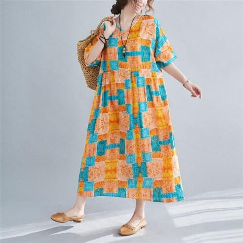 Short Sleeve Loose Summer Dress Cotton Linen Plus Size Long Maxi Dress Print Floral Vintage Travel Casual Print Women Dress