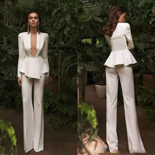 Chic 2020 Women Suits Evening Dresses Sexy Deep V Neck Long Sleeve Pant Suits Prom Gowns Party Wear