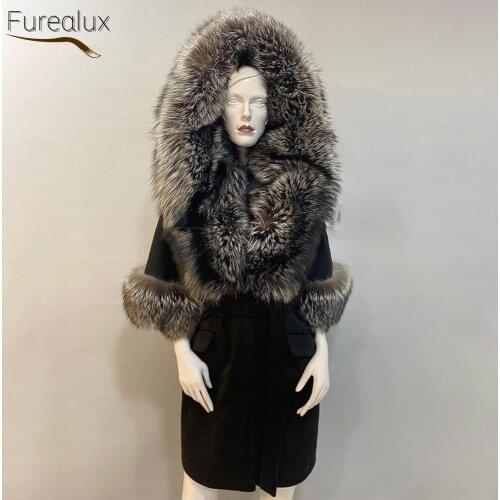 FUREALUX Real Wool Coat With Natural Fox Fur Collar Autumn Winter Fashion Slim Warm Womens Clothing With Fur Hat New Arrival