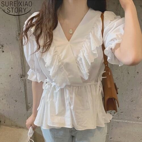 Women White Lace Blouse 2021 Summer Sweet V-neck Short Butterfly Sleeve Ruffles Tops Blusas Loose Clothes Chiffon Blouses 13505