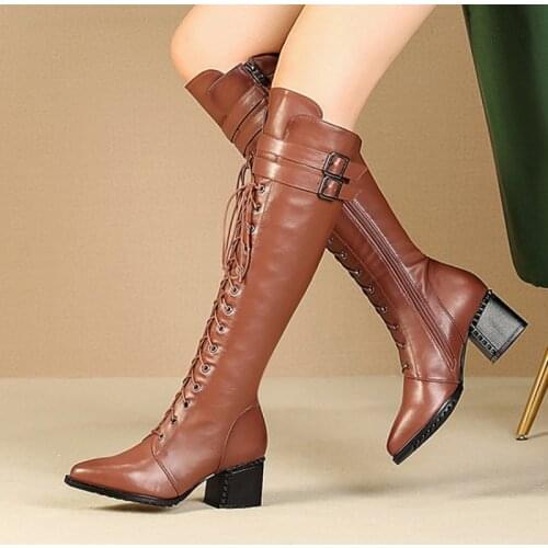 Ochanmeb Natural Genuine Leather Knight Boots Women Punk Rivets Studs Block Heels Buckle Knee High Boots Woman Winter Shoes 2021