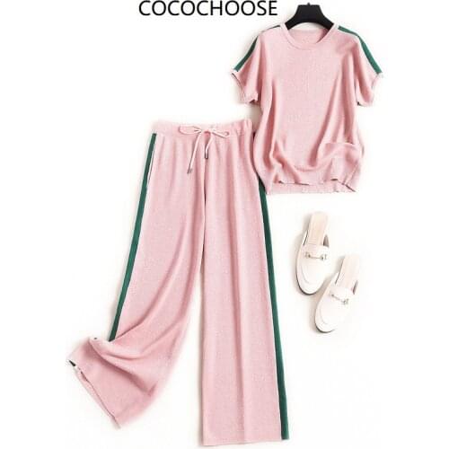 Women lounge wear set summer 2020 short sleeve color block striped knitted tops pullovers wide leg pants two piece sets pink