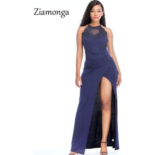 Ziamonga Women Halter Embroidery Lace Dress 2018 Fashion Floor Length Sexy Night Club Party Dresses High Split Long Formal Dress