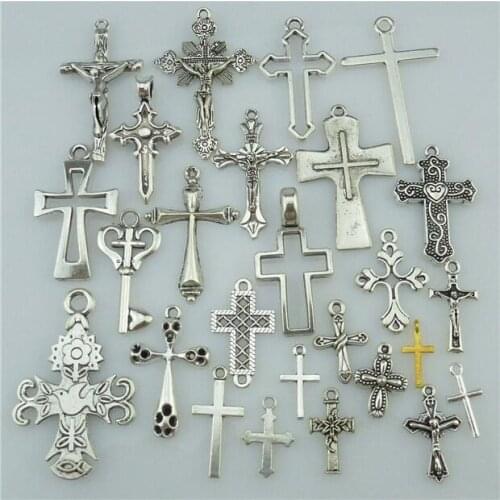 25PCS MIX Cross Pendant Vintage Antique Silver Tone Alloy Faith Religious Charm（Without necklace)