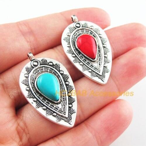 6Pcs Retro Tibetan Silver Tone Teardrop Flower Blue&Red Stone Charms Pendants 20.5x35mm