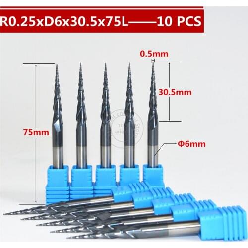 Free shipping-10PCS R0.25*D6*30.5*75L*2F HRC55 Tungsten solid carbide Coated Tapered Ball Nose End Mill taper and cone end mills