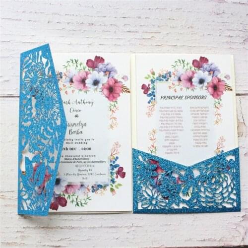 Glittery cards invitations blue red pink fuchsia rose gold floral laser wedding Christmas greeting card party paper invite