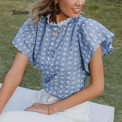 Casual Spring Summer Floral Embroidery Blouse Women Ruffle Sleeves Lace Collar Blouses Elegant Office Lady Shirt Vintage Clothes