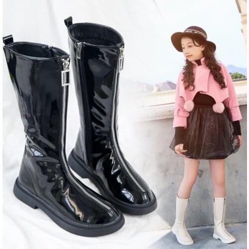 Girls Patent Leather Martin Boots Warm Hight Childrens Boots Anti-Slip Princess Shoes Winter Girls Fashion Western Zipper Boots