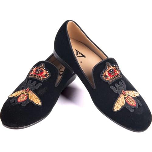 Jeder S Bee Velvet Black Loafers Men Casual Shoes Slip-On Leather MenS Smoking Slipper Party Wedding Driving Loafers