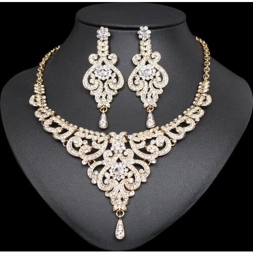 Elegant Indian Bridal Necklace Earrings Sets Dubai Jewelry Sets for Women Silver / Gold Color Wedding Party Costume Accessories