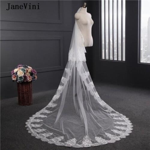 JaneVini Vintage White Bridal Church 3M Long Wedding Veil 2 Layers Lace Edge Soft Tulle Bridal Veils with Comb Hair Accessories