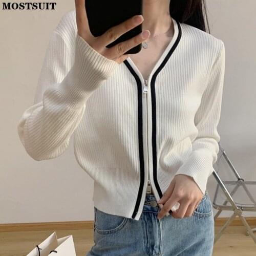Zippers V-neck Knitted Cardigan Tops Women Full Sleeve Color-blocked Sweaters Tops Casual Slim Female Jumpers Coat 2021
