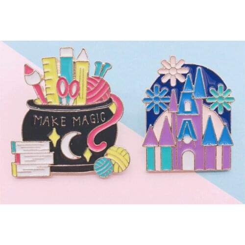 Creative cartoon house castle pen book ball pencil case enamel brooch alloy badge cowboy clothes bag pin jewelry gift for kid