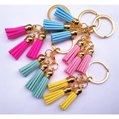 Fashion Leather Design Superfine Fiber 3 Tassel Keychains Golden Body Key Ring Women Bag Charming Pendant Car Key Holder