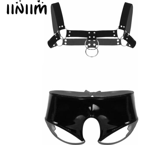 Mens Patent Leather Open Crotch Hot Sexy Lingerie Set Elastic Wide Shoulder Chest Muscle Harness Belt with Crotchless Briefs