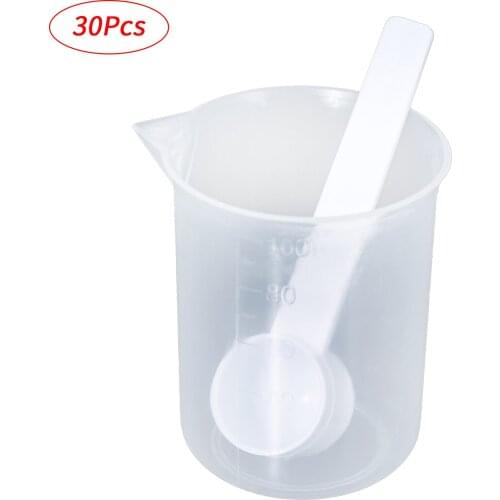 30Pcs 100ml Clear Plastic Spout Measuring Cups with Milk Powder Spoons Set Kitchen Cooking Baking Graduated Beakers Spoons Tools