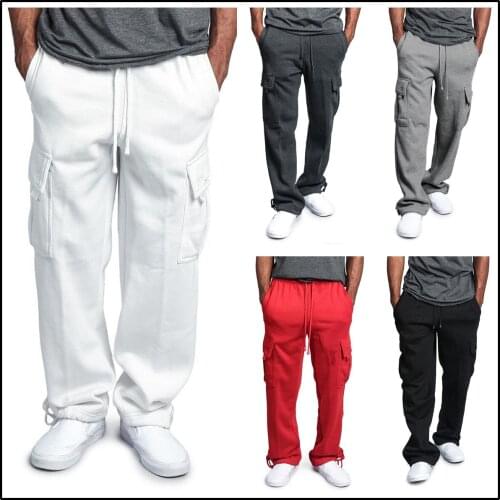 2021 Mens New Casual Multi-Pocket Loose Straight Cargo Pants Teenagers Elastic Waistband Lace-up Trousers