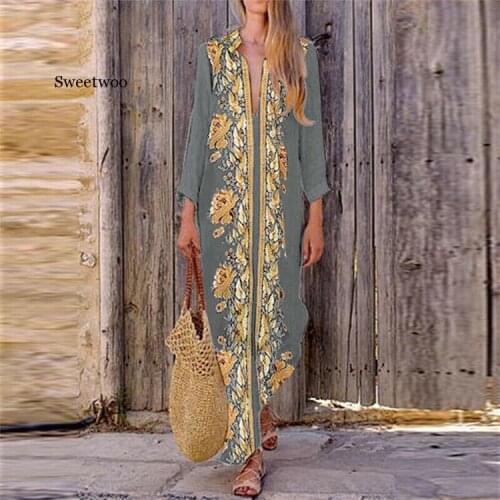 Bohemian Print Maxi Dress Womens Summer V Neck Sundress Split Long Vestidos Female Vintage Floral DressPlus Size