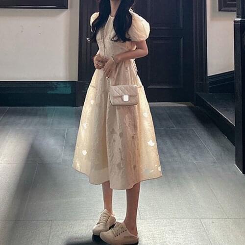 French Retro Dress Summer 2021 New Bubble Sleeve Medium Length A-line Princess Dress Temperament Plus Size Robe Femme 15499