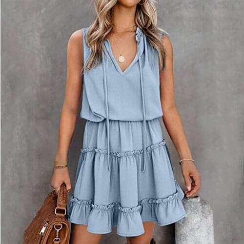 Pleated Woman Dress Summer V-neck Sleeveless Solid Short Dress Sundress Jurken Zomer 2021 Dames Loose Women Dresses Robe Ete