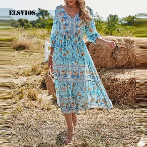 V-Neck High Waist Pleated Bohemian Print Dress Women Trumpet Five-Point Sleeve Mid-Length A-Line Beach Dress Summer Elegant Lady
