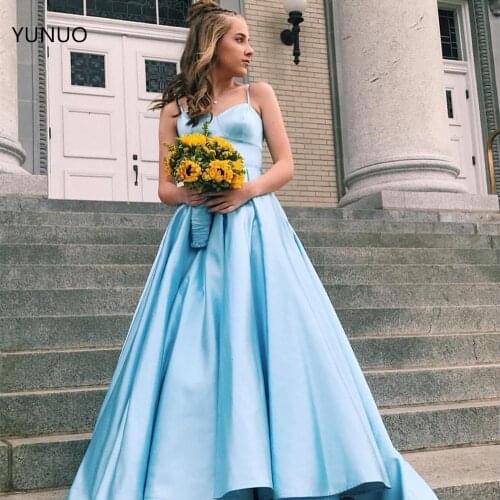 YUNUO Vestidos De Gala Prom Dresses Long Spaghetti Straps A-Line Formal Party Dress Evening Gowns Satin With Corset Backless