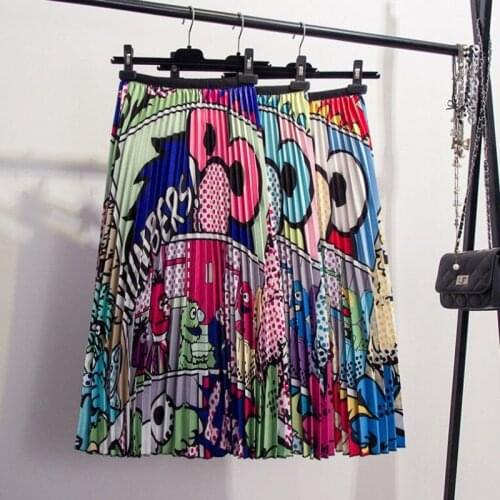 2019 Spring New-Coming Europen Cartoon Pattern High Elasticity Pleated skirt High Street Style A-line Mid-Calf Christmas