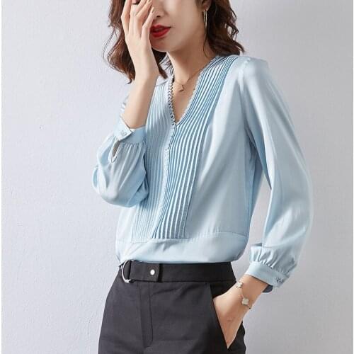 100% Silk Shirt Blouse Women shirt female Blue V-neck French niche Soft Natural Tops Pullover Mulberry Silk T-shirt