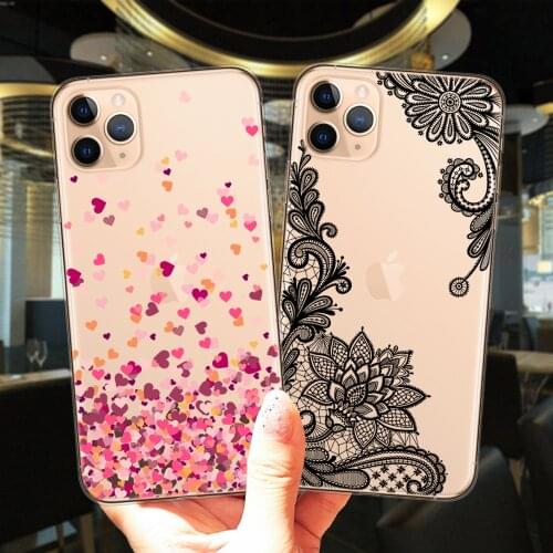Loving Heart Rose Flower Sexy Lace Floral Phone Case For iPhone 12 Mini 11 Pro XS Max X XR 6S 8 7 Plus 5S SE 2020 Silicone Cover