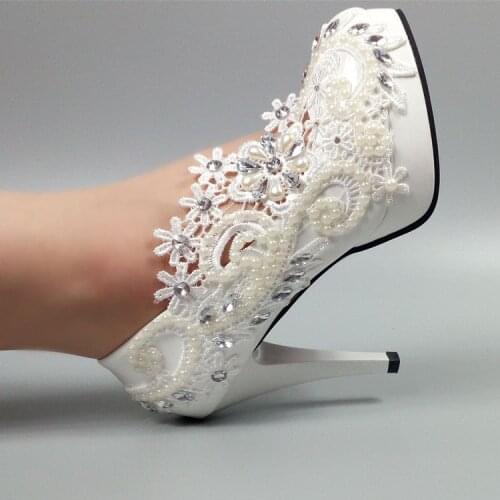 11CM super high heels platforms white ivory lace pearls bridal wedding shoes new design lady party proms dress anniversary shoe